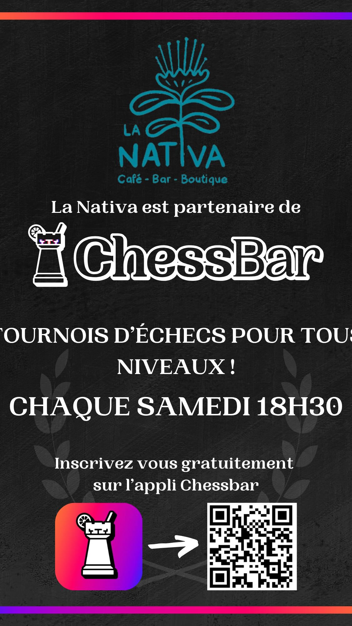 🎉 NOUVEAU : Tournois d’échecs à La Nativa ! ♟️🍸
C’est officiel : on lance les tournois d’échecs à La Nativa dès ce samedi 5 juillet à 18h30 !
C’est gratuit, tout niveau, et surtout ouvert à toutes et tous 🙌
Le but ? Démocratiser les échecs, se rencontrer autour d’un verre et vivre ensemble un été un peu plus stratégique 😏
🧠 Les parties compteront pour un tournoi de 3 mois, et la personne avec le plus de points à la fin… remporte le titre !
👉 Inscription obligatoire sur l’application ChessBar :
https://onelink.to/chessbar
✨ Cette super initiative, on la doit à Kévin, qui a lancé ChessBar @chess___bar (déjà présent dans plus de 26 villes en France !).
Et devine quoi ? La Nativa est le tout premier bar en Suisse à faire partie de l’aventure. On est trop fiers et trop heureux de l’accueillir 🍾
Alors si t’aimes les échecs, les apéros, ou juste l’idée de passer un bon moment… viens ! ♟️❤️
La Nativa
Se rencontrer, s’inspirer, s’évader à travers l’art, la spiritualité et l’entrepreneuriat.
#événementsGenève #baraCocktail #barGenève #chessbar #tournoidéchecs #apéroGenève #baràjeux #échiquieretmojito