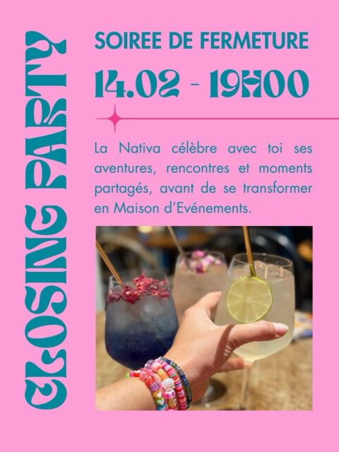 Viens célébrer ces 4 dernières années de folie!!!
Quand j’ai annoncé à mon équipe qu’on fermait la partie bar, ça a été un choc.

Déjà c’était un choc pour moi et ensuite c’était aussi un choc pour eux.

Mais ils m’ont tout de suite dit: « et si on faisait une grosse teuf pour célébrer 🍾 tout ça? ».

Franchement je n’y avais même pas pensé mais j’ai trouvé que c’était une super idée.

Parce que oui c’est difficile et c’est une page qui se tourne mais quand même qu’est-ce qu’on a ri, stressé, inventé au cours de ces dernières années.

On a vraiment tout essayé et quel beau message de terminer cette étape en faisant une fête? 🥳 

J’adore 😻 merci @maximusacequiparait pour l’idée 

Donc si tu es ami de La Nativa et que tu as envie de venir célébrer avec nous, on fête ça me 14 février à partir de 19:00 🥂🌟.

Mets en commentaire si tu penses venir qu’on ait une idée du nombre de personnes!

Mille bisous 💋 
Laura
