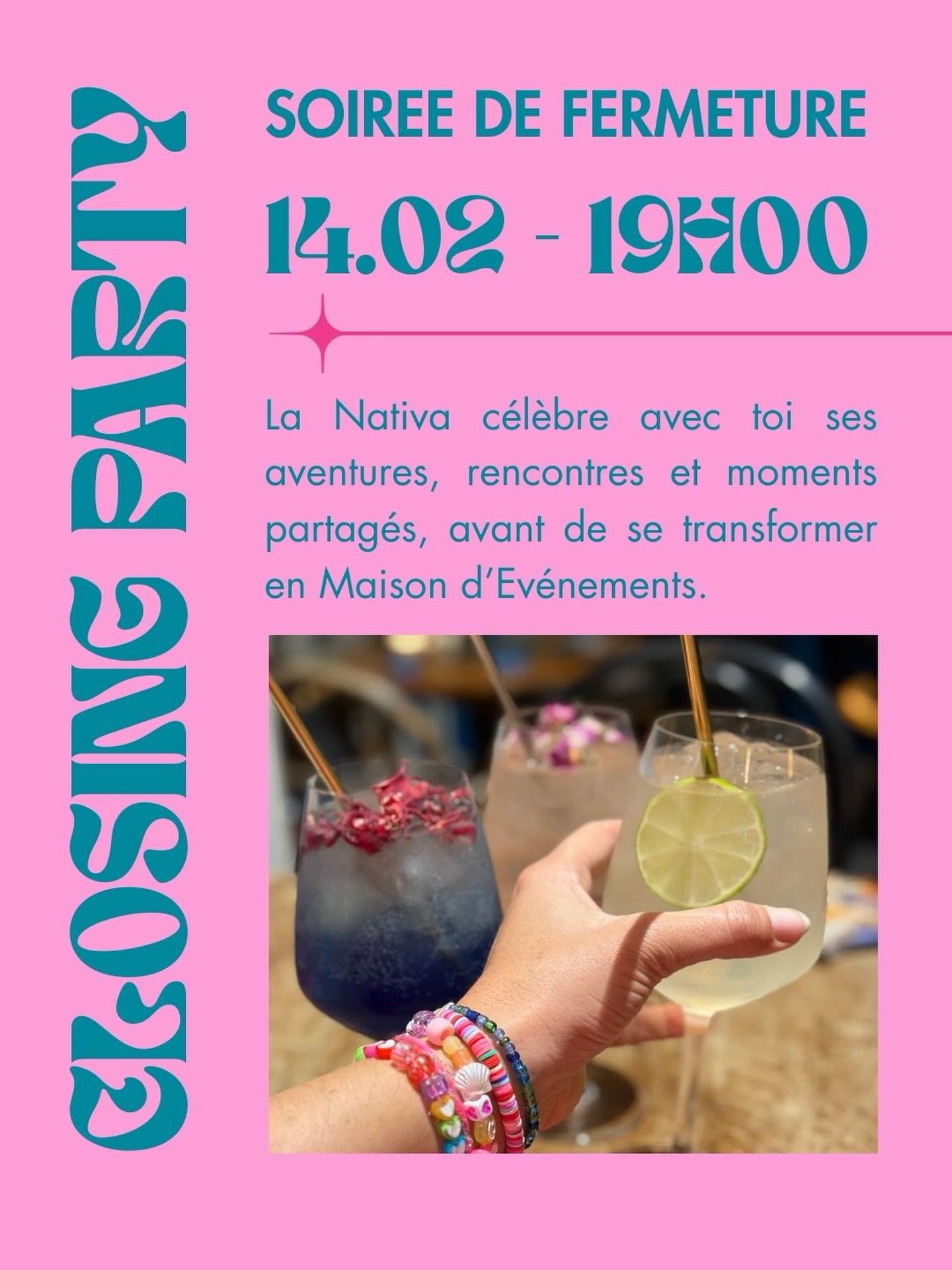 Viens célébrer ces 4 dernières années de folie!!!
Quand j’ai annoncé à mon équipe qu’on fermait la partie bar, ça a été un choc.

Déjà c’était un choc pour moi et ensuite c’était aussi un choc pour eux.

Mais ils m’ont tout de suite dit: « et si on faisait une grosse teuf pour célébrer 🍾 tout ça? ».

Franchement je n’y avais même pas pensé mais j’ai trouvé que c’était une super idée.

Parce que oui c’est difficile et c’est une page qui se tourne mais quand même qu’est-ce qu’on a ri, stressé, inventé au cours de ces dernières années.

On a vraiment tout essayé et quel beau message de terminer cette étape en faisant une fête? 🥳 

J’adore 😻 merci @maximusacequiparait pour l’idée 

Donc si tu es ami de La Nativa et que tu as envie de venir célébrer avec nous, on fête ça me 14 février à partir de 19:00 🥂🌟.

Mets en commentaire si tu penses venir qu’on ait une idée du nombre de personnes!

Mille bisous 💋 
Laura