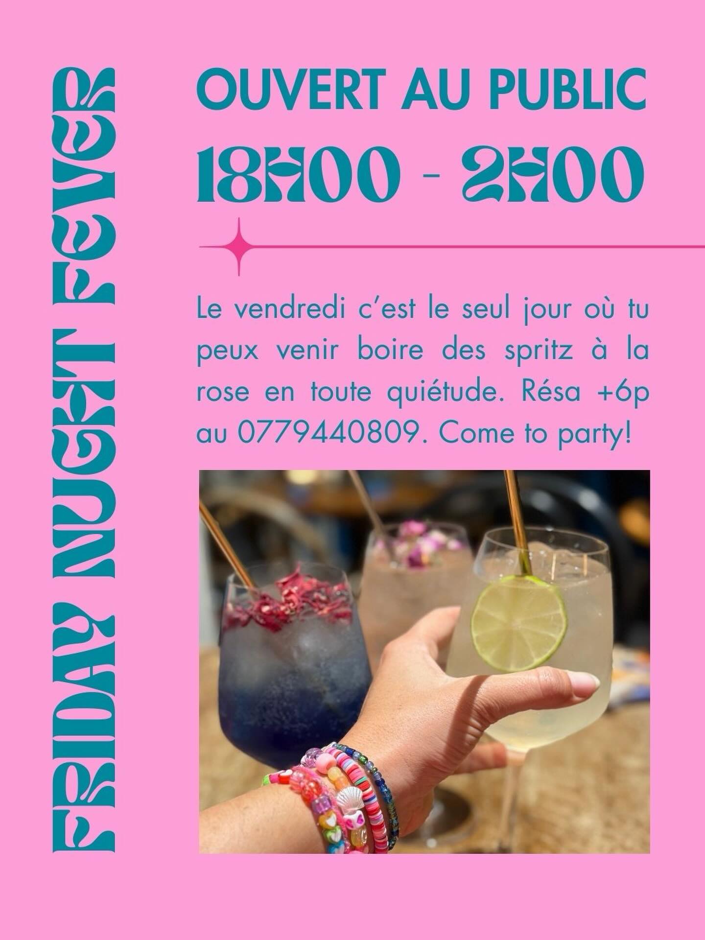 Friday Night Fever
LA soirée emblématique de La Nativa où tu peux boire un spritz à la rose en toute quiétude sans devoir te faire tirer les cartes, assister à une conférence sur les émotions ou boire uniquement des cocktails sans alcool!

Tous les vendredis à La Nativa, on te fout la paix ✌️ pas besoin d’être en conscience, s’élever ou comprendre le sens de la vie 🫀💕💝!

Horaires: 18h-2h
Entrée libre
Réservations (+6p): 0779440809

Si tu veux faire ton anni avec 20-30p, this is the day!
On semi-privatise la partie du fond et on demande un minimum de consommation de 500chf (ça va vite).

Call me si tu as des questions: 0779440809

(Je ne sais pas pourquoi je mets des « on » partout alors que c’est le, myself & I. Mais bon c’est la vision qui compte haha 😜)

Des bisous 💋 
À vendredi,
Laura