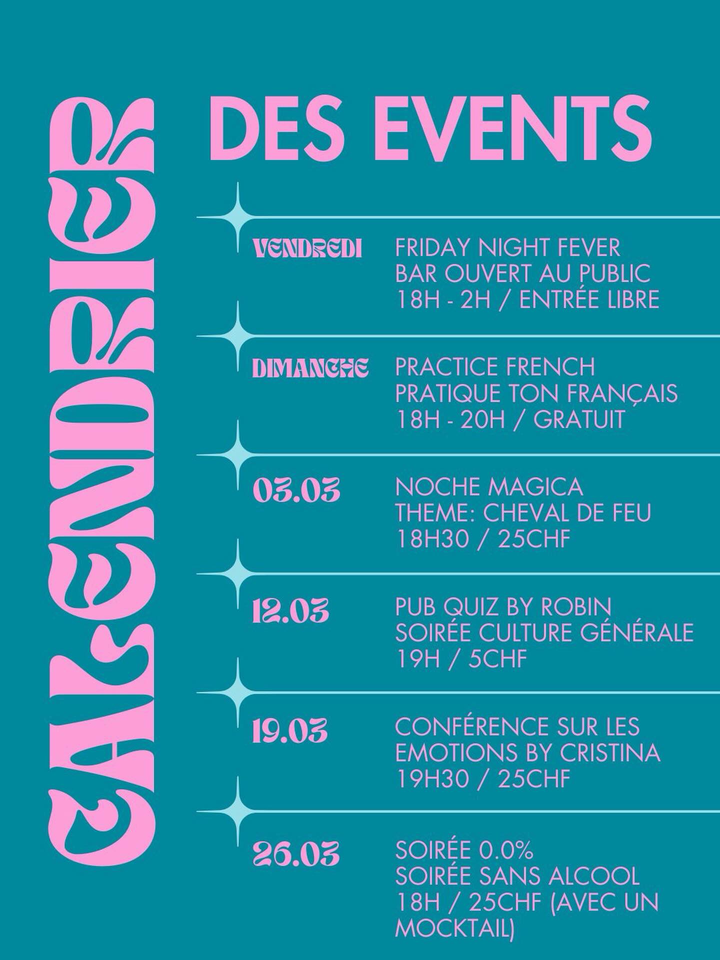 Calendrier des événements 

Salut salut,

Ça y est, la Maison d’événements de La Nativa se concrétise réellement. 

Les premiers évents sont bookés 💝

Je suis d’ailleurs super contente de tous les évents à venir qui s’inscrivent à fond dans ma visions de créer le nouveau monde donc merci merci merci 🙏 

Tous les évents son sur mon site internet la Nativa.ch/events et tu y trouveras les conditions d’inscription, les intervenants, les prix…

Si tu as la moindre question, tu peux la poser en commentaire ou en mp 💕🦄🪩

Des bisous 😘 

Ps: la prochaine Noche sera de la folie et c’est mardi 💝