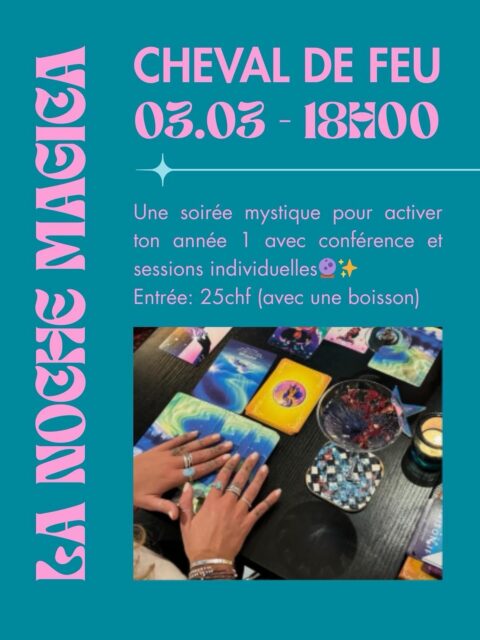 Saluti les magas Nativas (magiciennes nativesques)

On va pas se mentir, il y a presque que des femmes par ici💕💕💕

Grande nouvelle: la prochaine édition de La Noche Magica c’est mardi prochain le 3 Mars 🌹

Thème: cheval de feu 🦄🔥

Nouveauté: on aura 3 magiciens 🧙‍♀️ qui commenceront à 18:30 par une petite conférence sur cette nouvelle année sous le signe du cheval de feu 🔥. Et ensuite on fera comme d’habitude les séances individuelles de 15min 20chf.

Infos pratiques:
Ouverture des portes à 18:00
Prix: 25chf avec une boisson
Pas de réservation (premier arrivé, premier servi)

On se réjouit de vous y voir 🦄💕🪩
