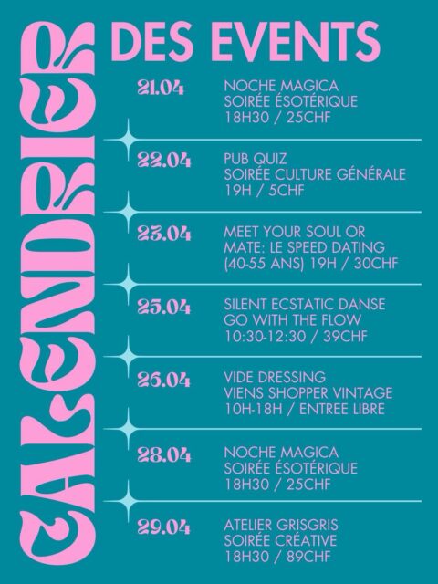 ✨ Avril à La Nativa — Le calendrier du mois
Un mois chargé. Du beau monde. Des expériences pour stimuler les rencontres, la spiritualité et la créativité à Genève.

📅 21 avril — La Noche Mágica
La soirée ésotérique - Au seuil du changement
18h30. 25 CHF.
Billet en ligne sur le site. 🔮

📅 22 avril — Pub Quiz avec @rob1_clzzz 🧠
Culture générale en équipe. 19h. 5 CHF.
Inscription obligatoire chez Robin au +41 76 546 56 63

📅 23 avril — Meet your soûl or Mate: Le Speed Dating réinventé
Pour les 40–55 ans. 12 femmes, 12 hommes.
19h. 30 CHF. 💫
Inscription obligatoire: lien dans la bio

📅 25 avril — Ecstatic Dance avec @kara.sivan 
10h30. Casques. Flow intérieur. Reconnecter.
39 CHF. 🎧
Inscription obligatoire: lien dans la bio

📅 26 avril — Vide-dressing de @dinaselina 🛍️
10h–18h. Entrée libre.
Des belles pièces, des beaux sacs. Régalade garantie.

📅 28 avril — La Noche Mágica - Changement d’ère 
Soirée ésotérique . 18h30. 25 CHF. 🌬️🔮

📅 29 avril — Atelier Gris-Gris avec Laura
Enfiler des perles. Vider la tête. Reconnecter avec ta licorne intérieure.
18h30. 10 places max. 89 CHF, une boisson incluse. 🧿
Inscription: lien dans la bio

C’est quoi ton événement du mois ? 👇

Tag en commentaire une copine avec qui tu as envie de venir à un évent de La Nativa.

📍 La Nativa — 5 rue Marguerite-Dellenbach, Genève

#LaNativa #AgendaGenève #SoiréeGenève #LaNocheMagica #EcstaticDance VideDressing GrisGris Genève EventsGenève