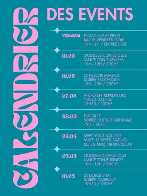 Voici le calendrier des événements à venir à La Nativa 👀💫

🍸 Vendredi
Friday Night Fever
Le bar est ouvert au public de 17h à 2h 🪩✨
Cocktails, musique, rencontres et good vibes toute la soirée 💃

☕️ Dimanche 10 mai | 10h - 12h
Goddess Coffee Club
Un workshop autour d’un café pour t’aider à lancer ton business 🚀✨
L’idée : pousser l’entrepreneuriat au féminin dans une ambiance inspirante et bienveillante 💕

💰 89chf
🥐 Café & croissant inclus
👯‍♀️ 10 places maximum

🔮 Mardi 12 mai | dès 18h
LA NOCHE MÁGICA — thème : Manifestation
Notre soirée ésotérique pour explorer les énergies du moment ✨🌙

💰 25 CHF
🍸 1 boisson incluse

🔮 Mardi 26 mai | dès 18h
LA NOCHE MÁGICA — thème : Les synchronicités ✨🪐
Une soirée pour décoder les signes, les coïncidences et les messages de l’univers 💫

💰 25 CHF
🍸 1 boisson incluse

🤝 Mardi 27 mai 18:30
Apéro Entrepreneur — édition Speed Dating
Le but : rencontrer un maximum d’entrepreneurs, connecter, échanger et créer de nouvelles opportunités 🚀✨

💰 30 CHF
🍸 1 boisson incluse

🧠 Mercredi 28 mai | 19h
Pub Quiz avec Robin
Soirée culture générale dans une ambiance fun et conviviale 🎤🍻

💰 5 CHF
📲 Inscription directement auprès de Robin : +41 76 546 56 63

💘 Mardi 3 juin
Meet Your Soul or Mate
Le speed dating réinventé version La Nativa ✨
Une soirée fun et authentique pour rencontrer de nouvelles personnes dans une ambiance légère et inspirante 💫

👥 Spécial 25-35 ans
💰 30 CHF
🍸 1 boisson incluse

Un printemps rempli de rencontres, de magie, de business et de belles énergies 🌸✨

Je me réjouis de vous voir à La Nativa 
Des bisous 💋 

Laura