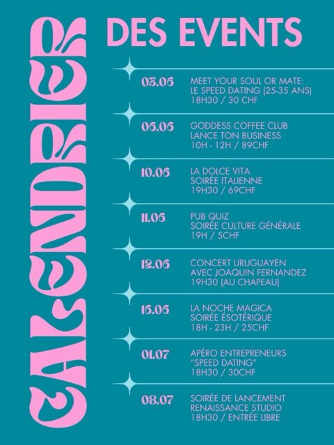 ✨ LE PROGRAMME DE JUIN À LA NATIVA ✨

De belles rencontres, de l’entrepreneuriat, de la musique, de la spiritualité et beaucoup de moments de partage t’attendent 💜

📅 3 juin — Meet Your Soul or Mate💕
Speed dating interactif 25-35 ans • 18h30 • 30 CHF

📅 6 juin — Goddess Coffee Club 👑
Workshop business féminin avec @laura.febo • 10h-12h

📅 7 juin — Cyclup Design Market 🛍️
Grand vide-dressing + présence de La Nativette (bar à spritz itinérant) • 9h-17h chez @cyclupdesign 

📅 10 juin — La Dolce Vita 🇮🇹
Soirée italienne avec chants lyriques interprétés par mon papa @fabio.febo 🎶
19h30 • 69 CHF • Réservation obligatoire

📅 11 juin — Pub Quiz 🧠
Culture générale en équipe, animé par @rob1_clzzz • 5 CHF

📅 12 juin — Concert uruguayen de @joaquinfernandezmusica - 19:30 🎹
Présentation de son album « Caminando » • Participation au chapeau

📅 16 juin — LA NOCHE MÁGICA 🔮
Spécial Solstice & Intuition avec Marie-Laurence et @soulthera_guidance pour une soirée ésotérique magique 🧙 

📅 1er juillet — Apéro Entrepreneurs 🚀
Speed dating entrepreneurial • 18h30 • 30 CHF (boisson incluse)

✨ Tous les liens d’inscription sont dans notre bio.

Laquelle de ces soirées te fait le plus envie ? 👇

#lanativa #geneve #evenementsgeneve #bargeneve
